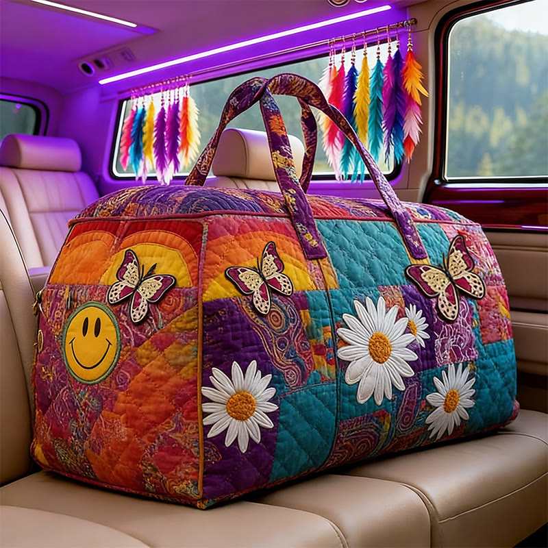 Boho-style Butterflies And Flowers Print Quilted Duffle Bag