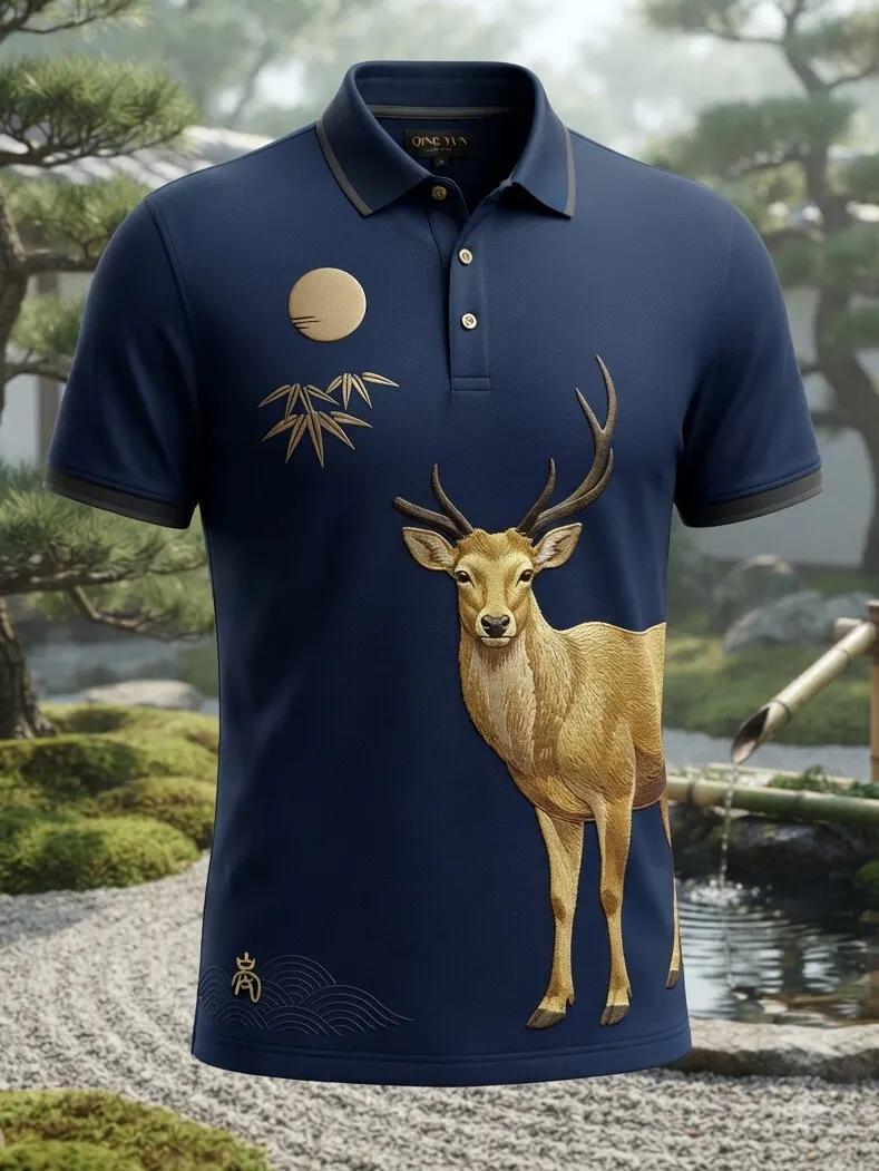 Men's Sika Deer Bamboo Moon Wave Japanese Art Print Polo Shirt