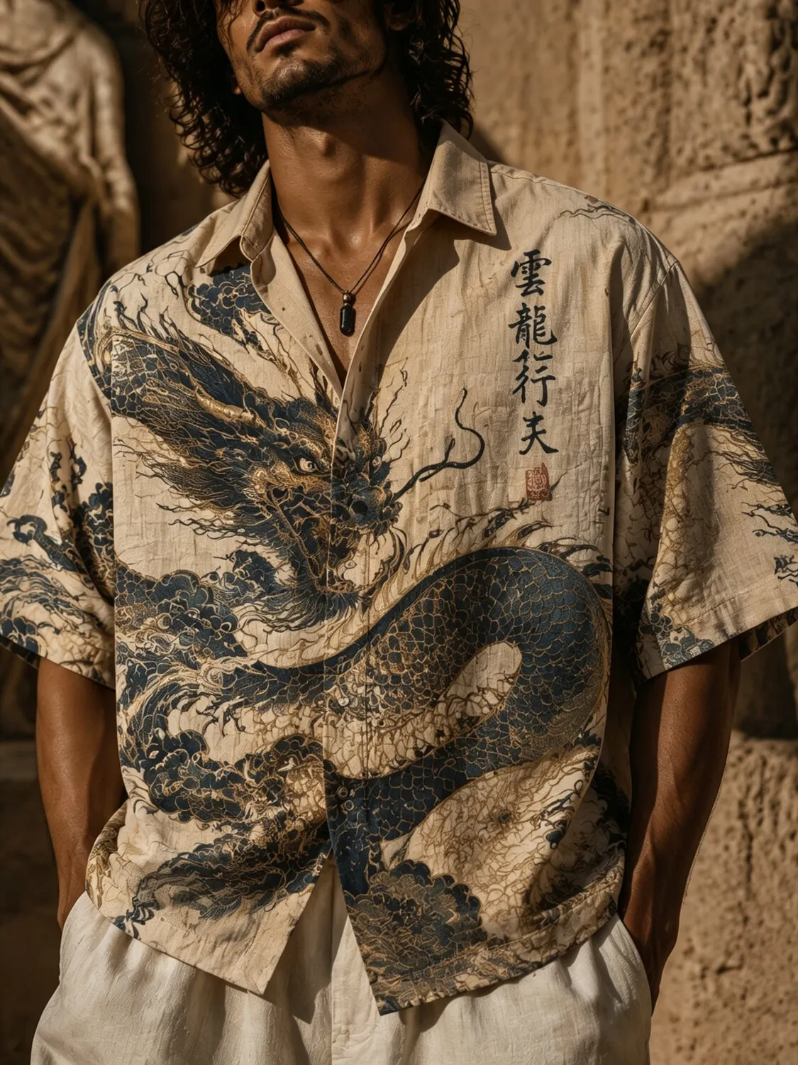 Men's Retro Mythology Ink Art Traditional Dragon Print Short Sleeve Shirt