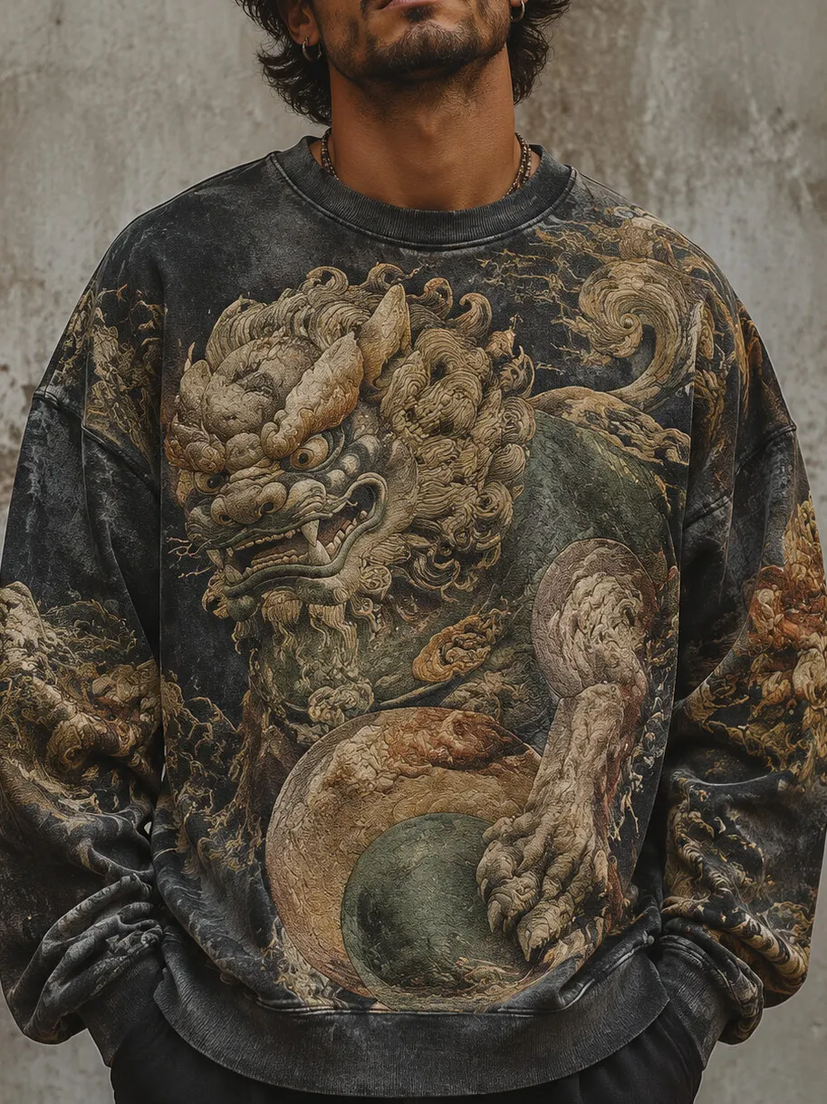 Men's Ukiyo-e Style Vintage Oriental Beast Print Casual Sweatshirt