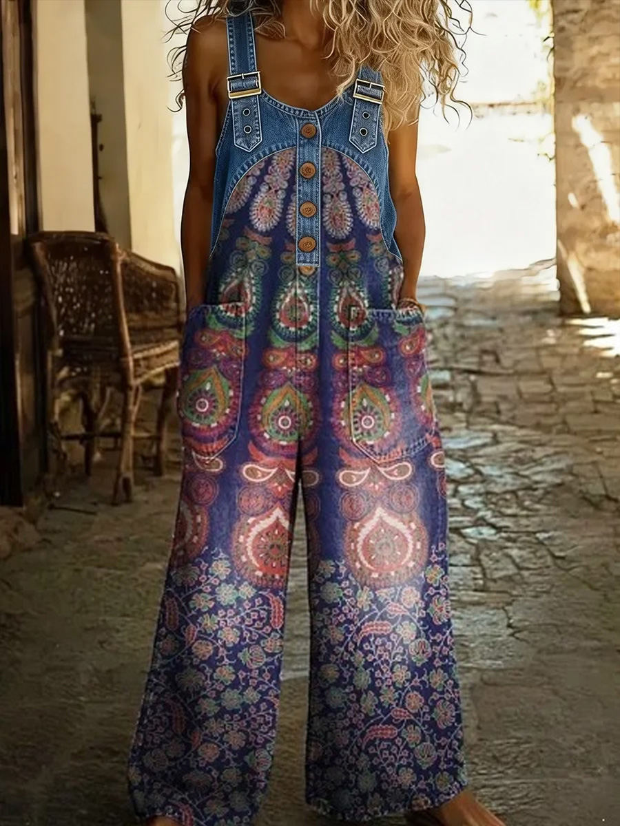 Women's Retro Floral Color-Blocked Art Print Washed Cotton Denim Patchwork Jumpsuit