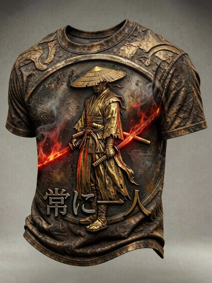 Men's Japanese Art Vintage Metal Embossed Wandering Samurai Dual Blades Fire Blade Print T-Shirt