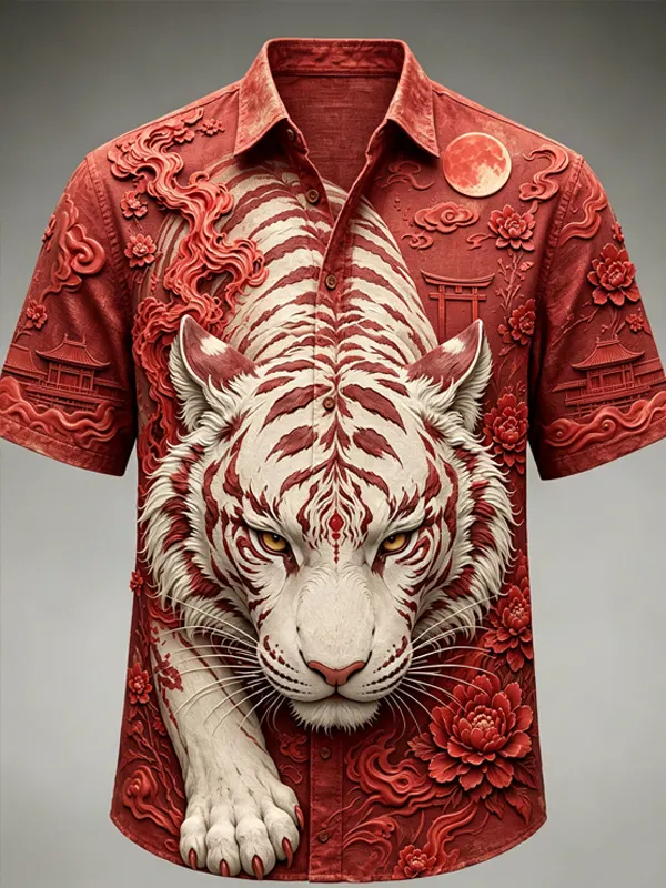 Men's Tiger 3D Relief Style Japanese Art Print Short Sleeve Shirt