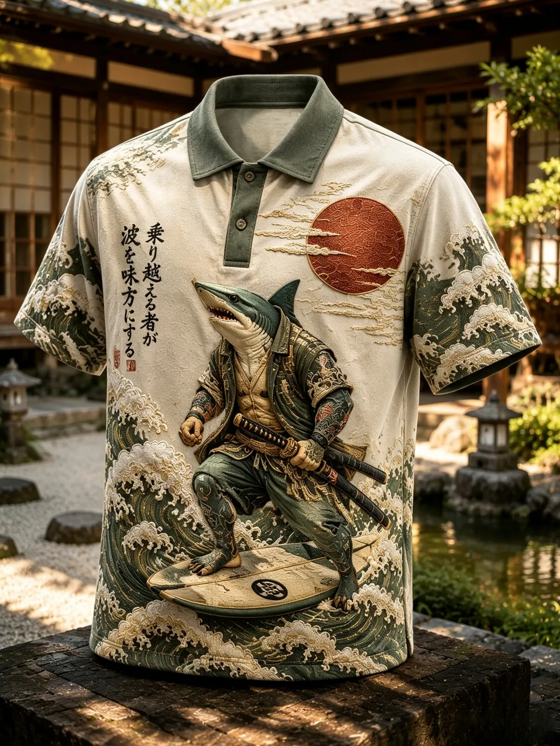 Men's Japanese Samurai Shark Wave Print Polo Shirt