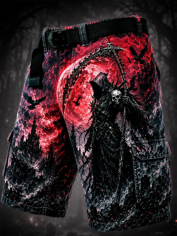 Men's Gothic Horror Grim Reaper And Red Moon Print Casual Shorts