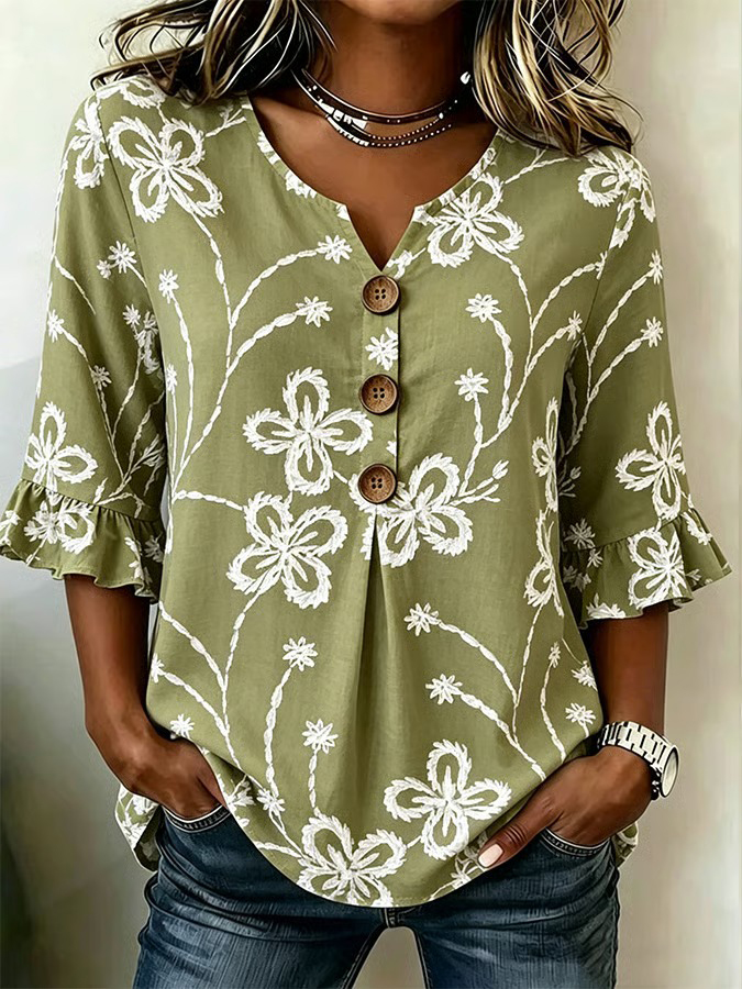 Women's Casual V-Neck Printed Cotton-Linen Top