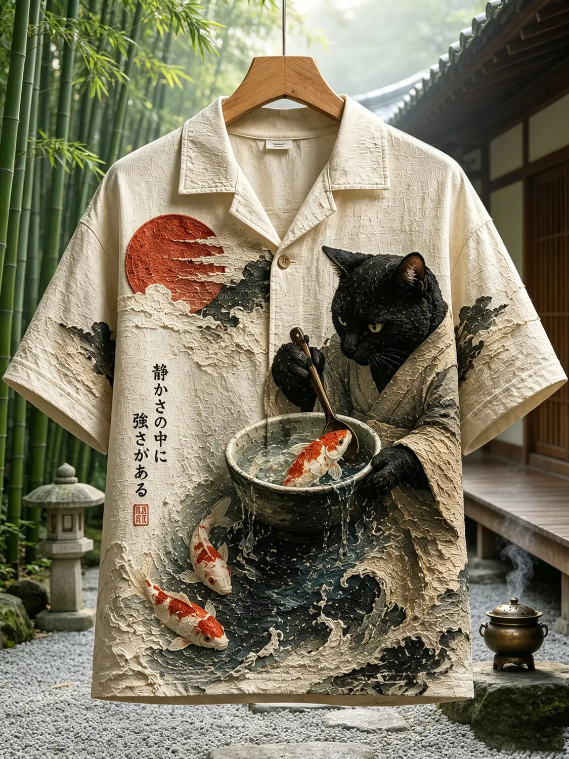 Men's Japanese Ukiyo-e Black Cat Koi Fish Wave Art Print Casual Shirt