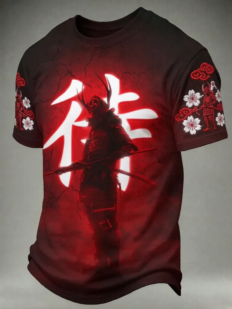 Men's Red Glowing Japanese Samurai Warrior Print T-Shirt