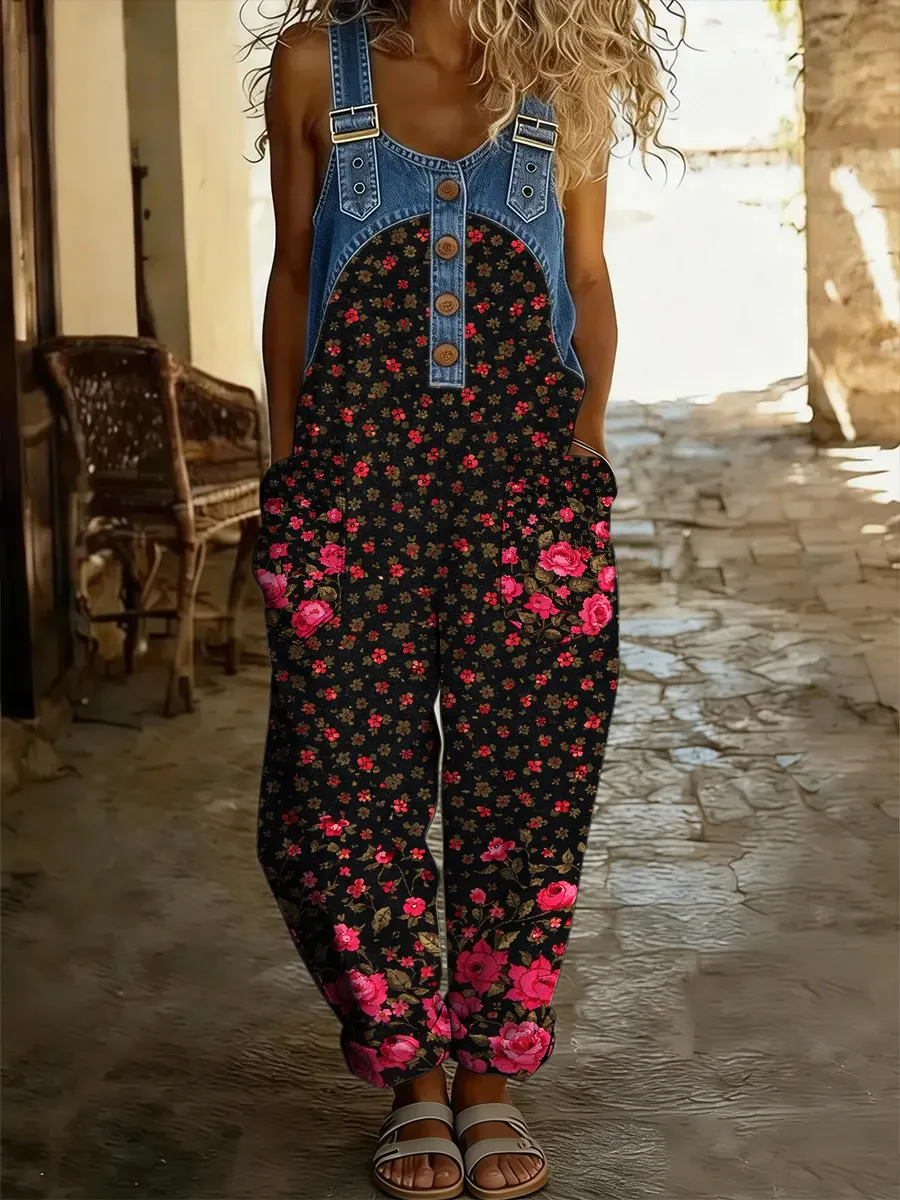 Women's Retro Floral Color-Blocked Art Print Washed Cotton Denim Patchwork Jumpsuit