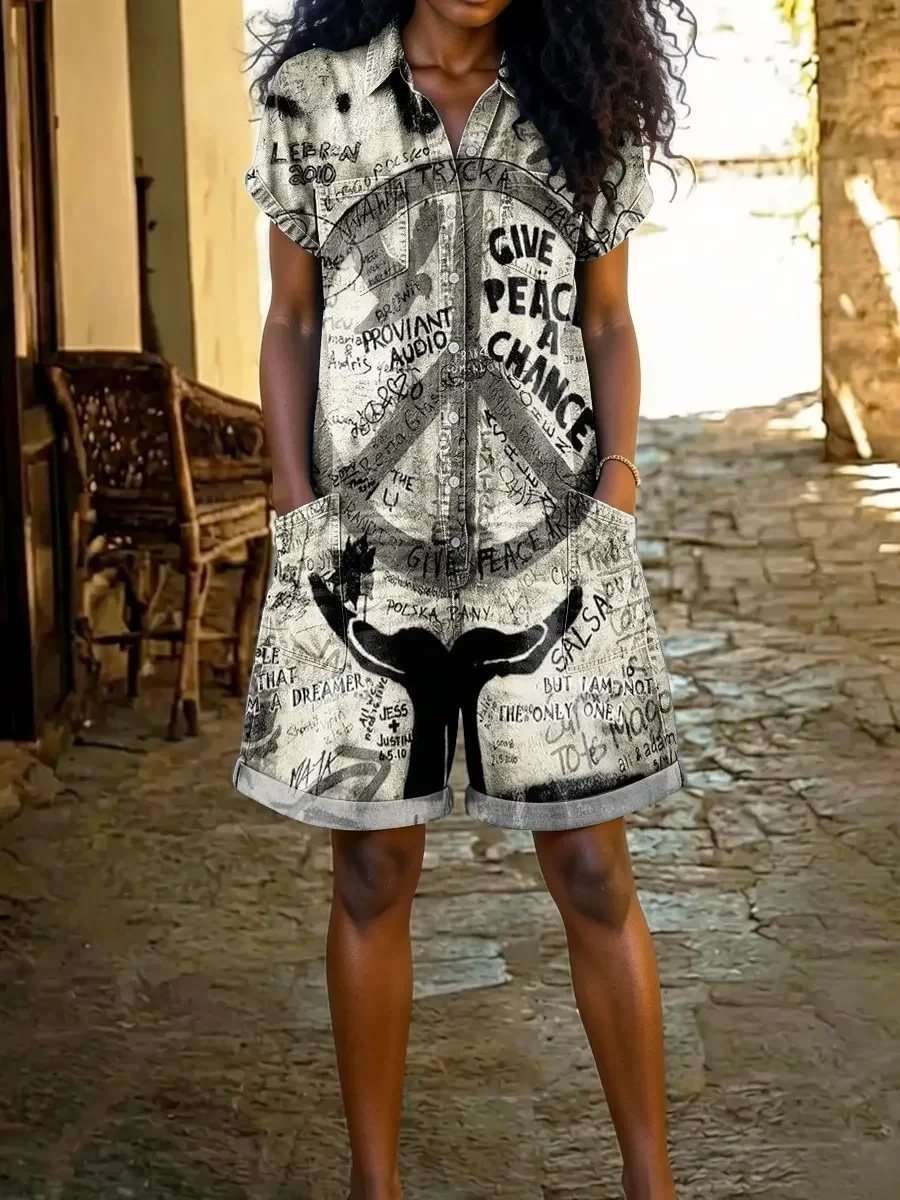 Women's Floral Art Print Washed Cotton Denim Patchwork Jumpsuit
