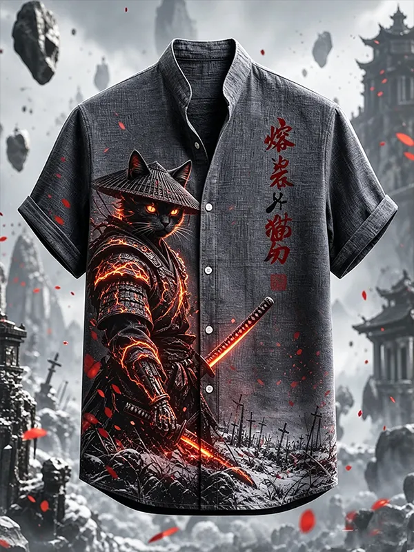 Men's Samurai Cat Warrior Katana Japanese Art Print Short Sleeve Shirt