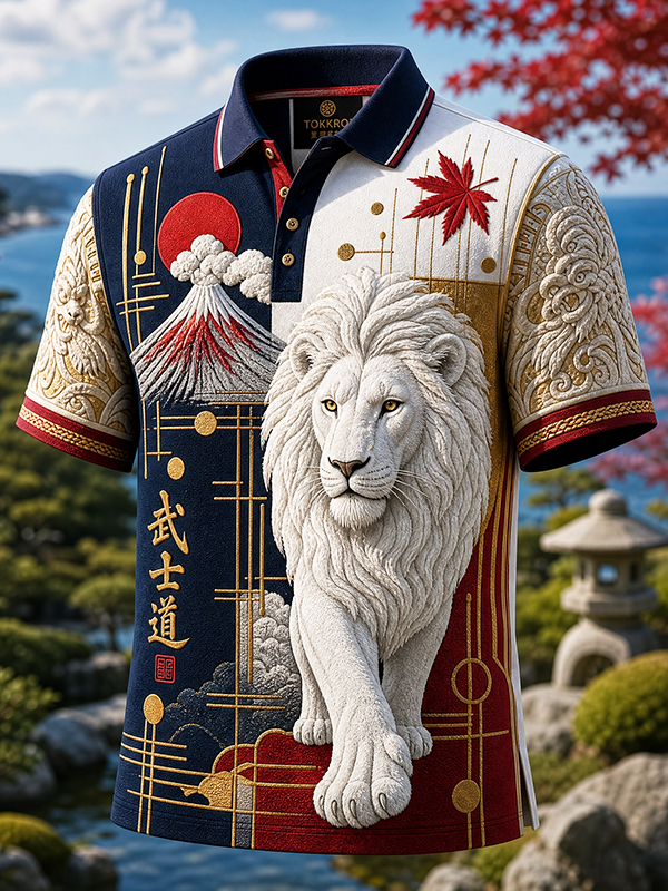 Men's Japanese Bushido White Lion Printed Short Sleeve Polo Shirt