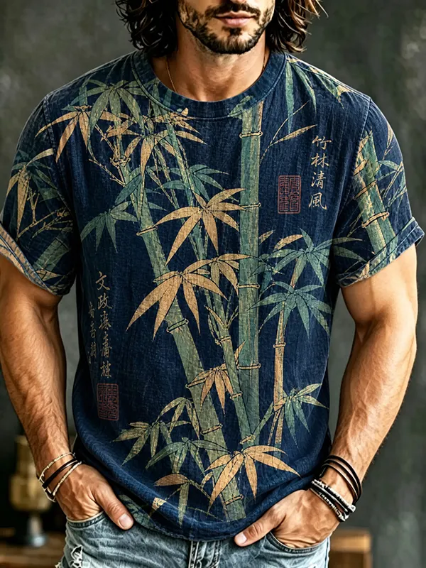 Men's Japanese Bamboo Art Print Casual T-Shirt
