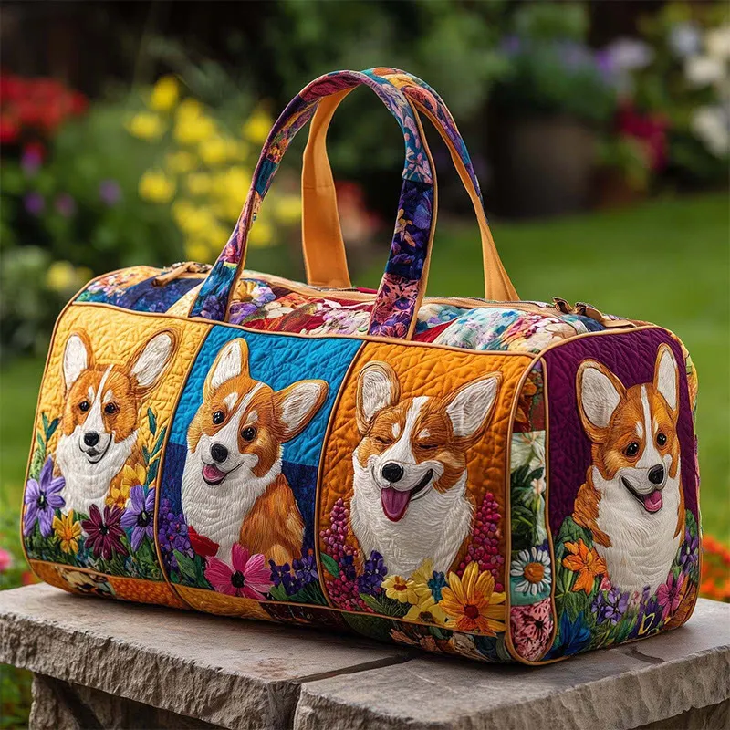 Cute Corgi Baby Puppy Pattern Print Quilted Duffle Bag