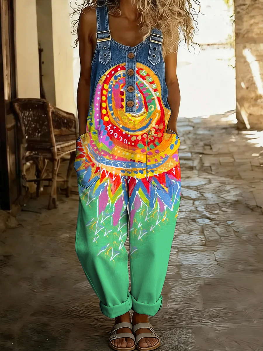 Women's Floral Art Print Washed Cotton Denim Patchwork Jumpsuit