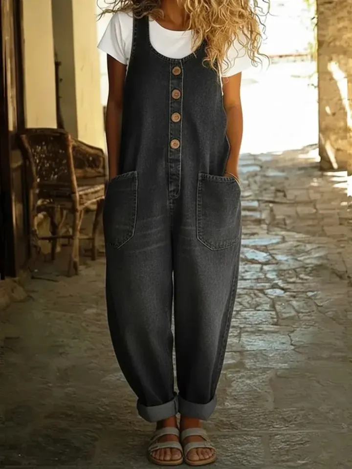 Women's Sleeveless Washed Cotton Denim Jumpsuit