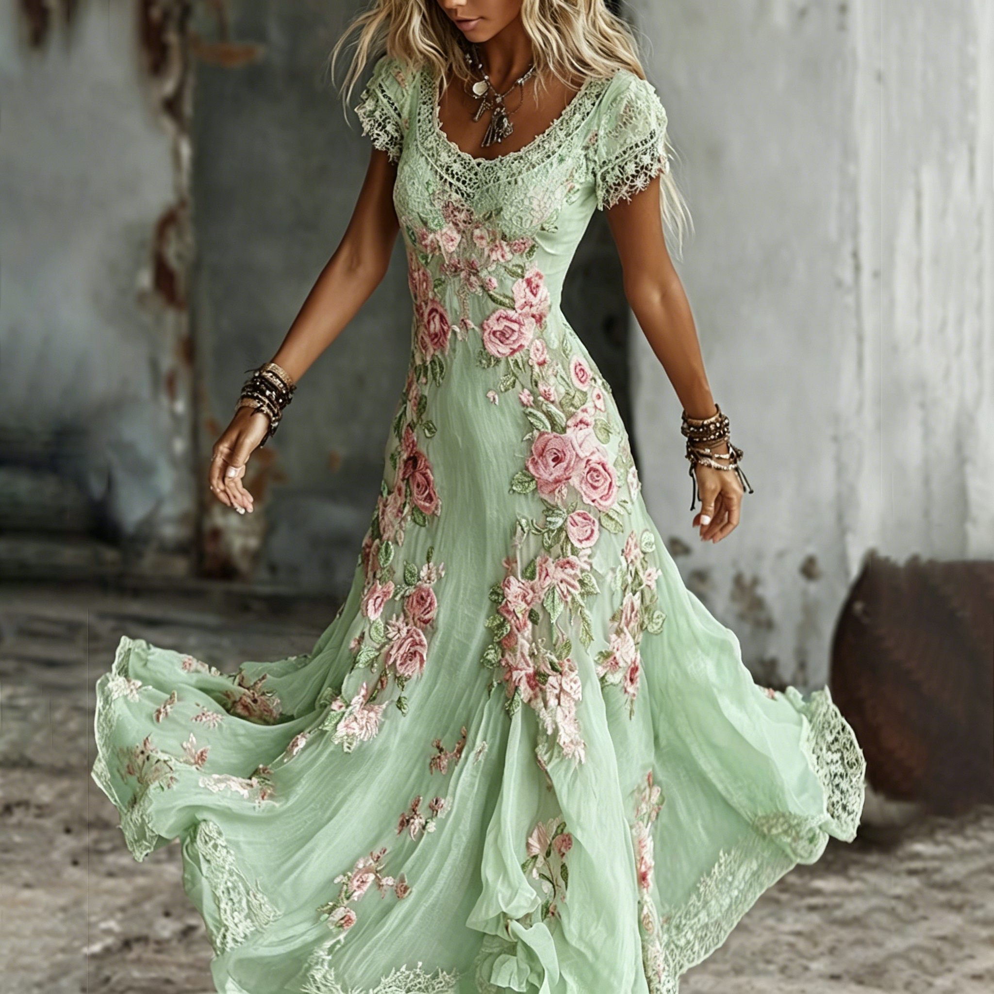 Women's Bohemia Rose Floral Embroidered Art Flowy Maxi Dress
