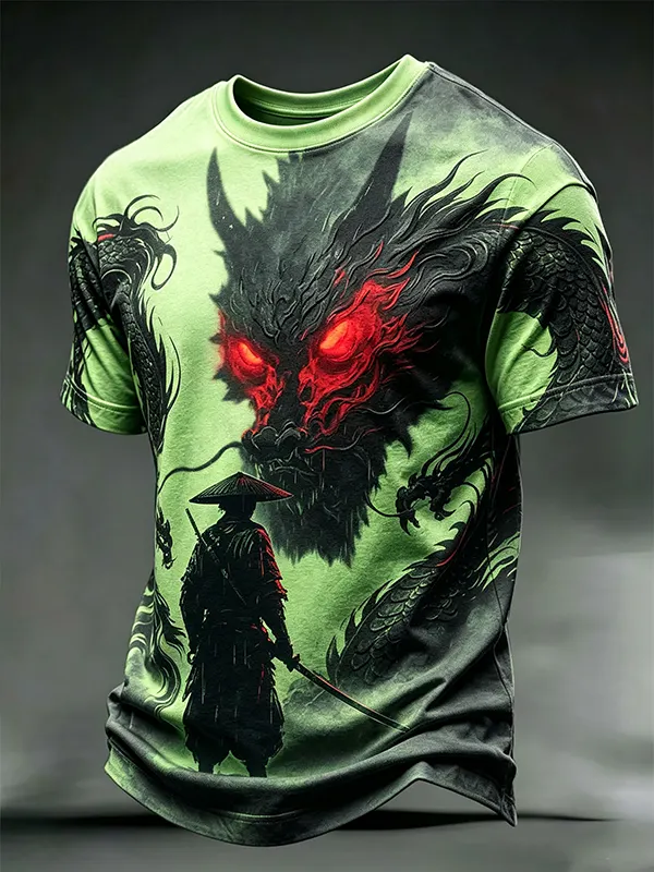 Men's Red Eye Monster and Samurai Silhouette Print Casual T-Shirt
