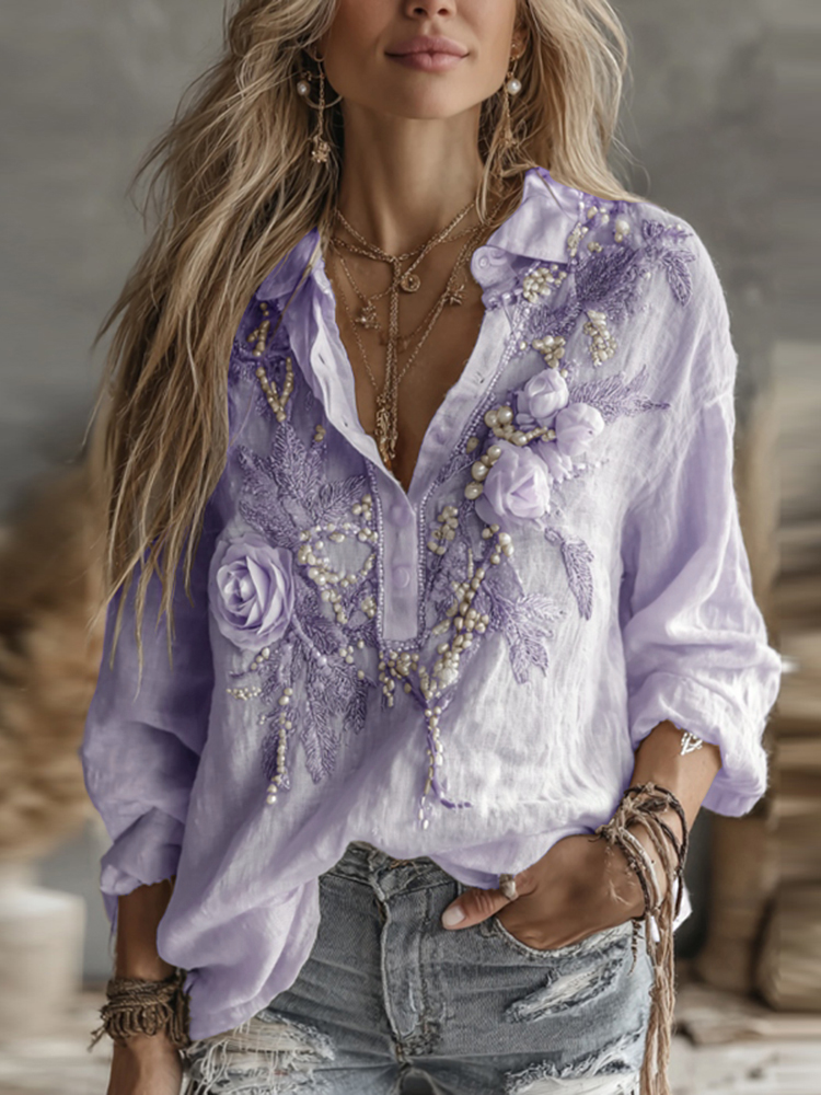 Women's Vintage Floral Art Casual Button Shirt 6a37