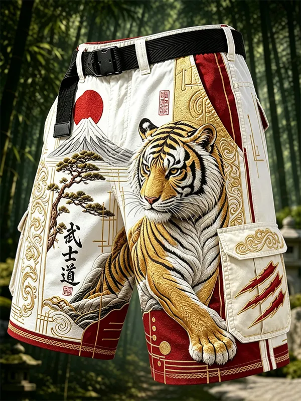 Men's Japanese White Tiger Geometric Art Print Casual Shorts
