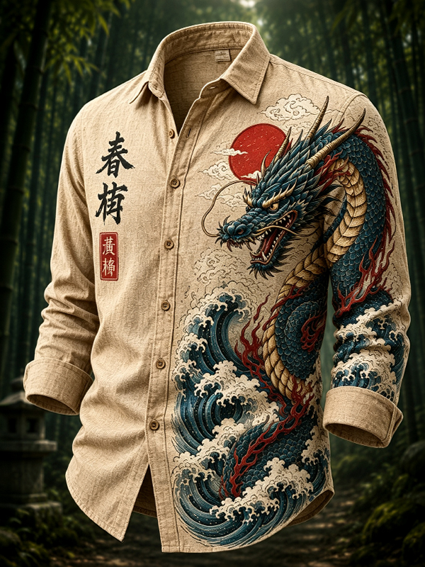 Men's Dragons and Waves Japanese Art Print Long Sleeve Shirt
