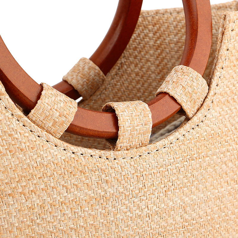 Wooden Handle Handbag Straw Shoulder Bag for Women