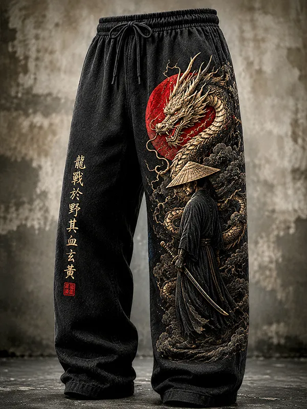 Men's Samurai Dragon Japanese Art Print Loose Drawstring Waist Pants