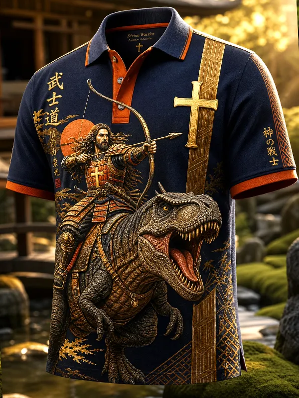 Men's Bushido Samurai Riding Dinosaur Cross Japanese Print Short Sleeve Polo Shirt