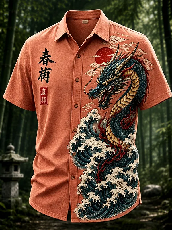 Men's Dragons and Waves Japanese Art Print Casual Shirt