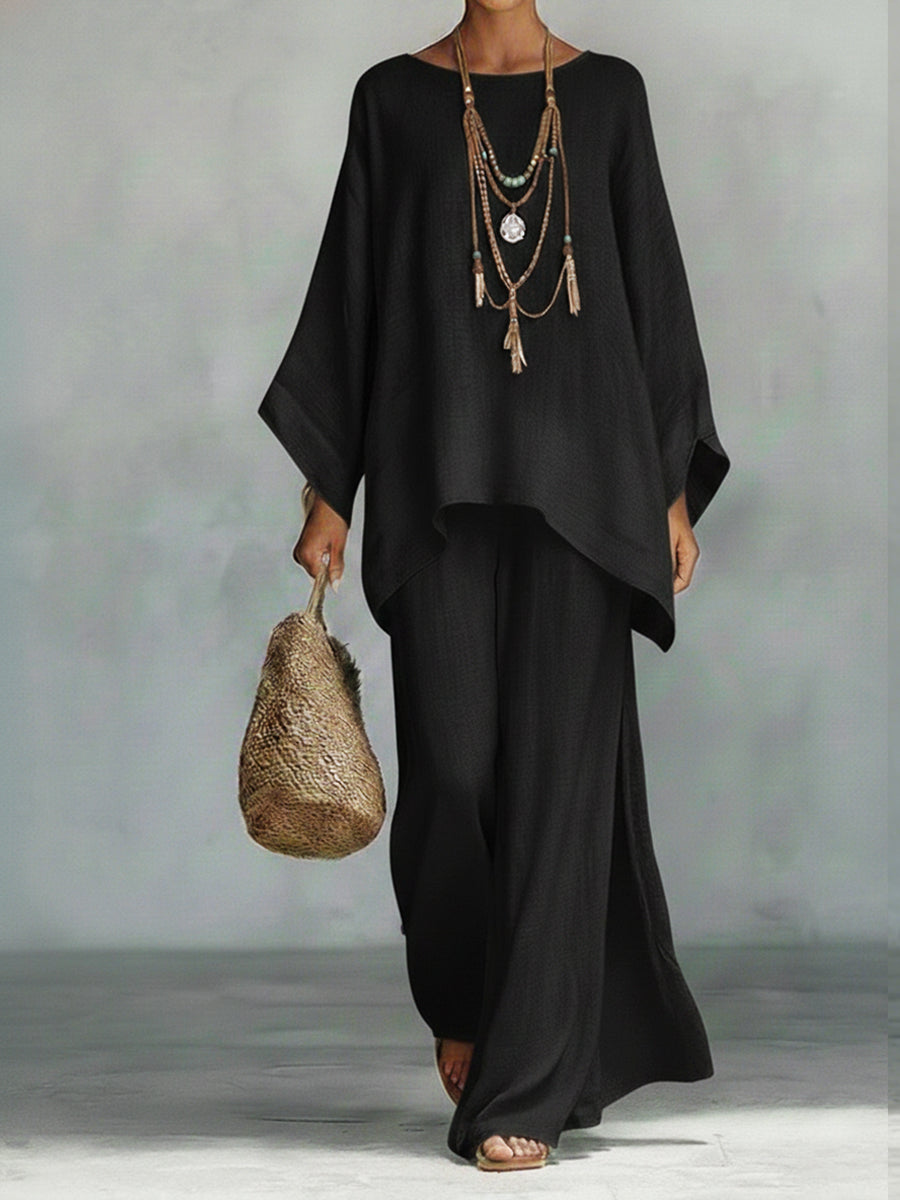 Women's Loose Linen Top and Wide-Leg Pants Two-Piece Set