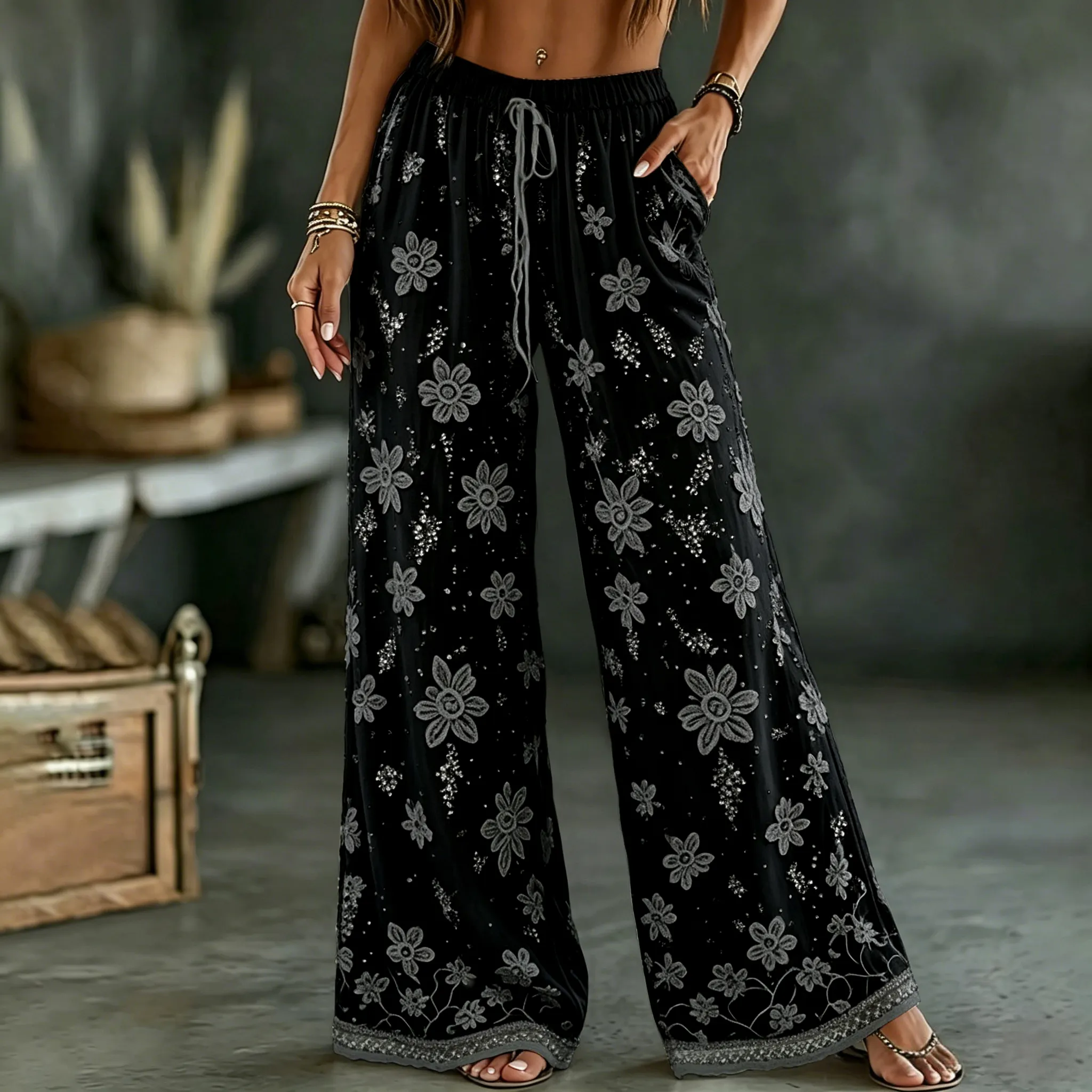 Women's White Rose Art Embroidered Linen Blend Pants