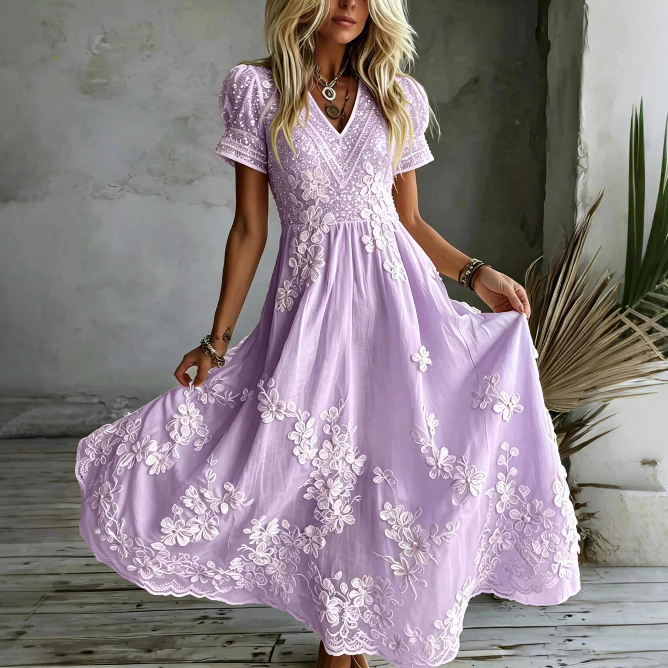 Women's White Rose Art Embroidered Linen Blend V Neck Maxi Dress