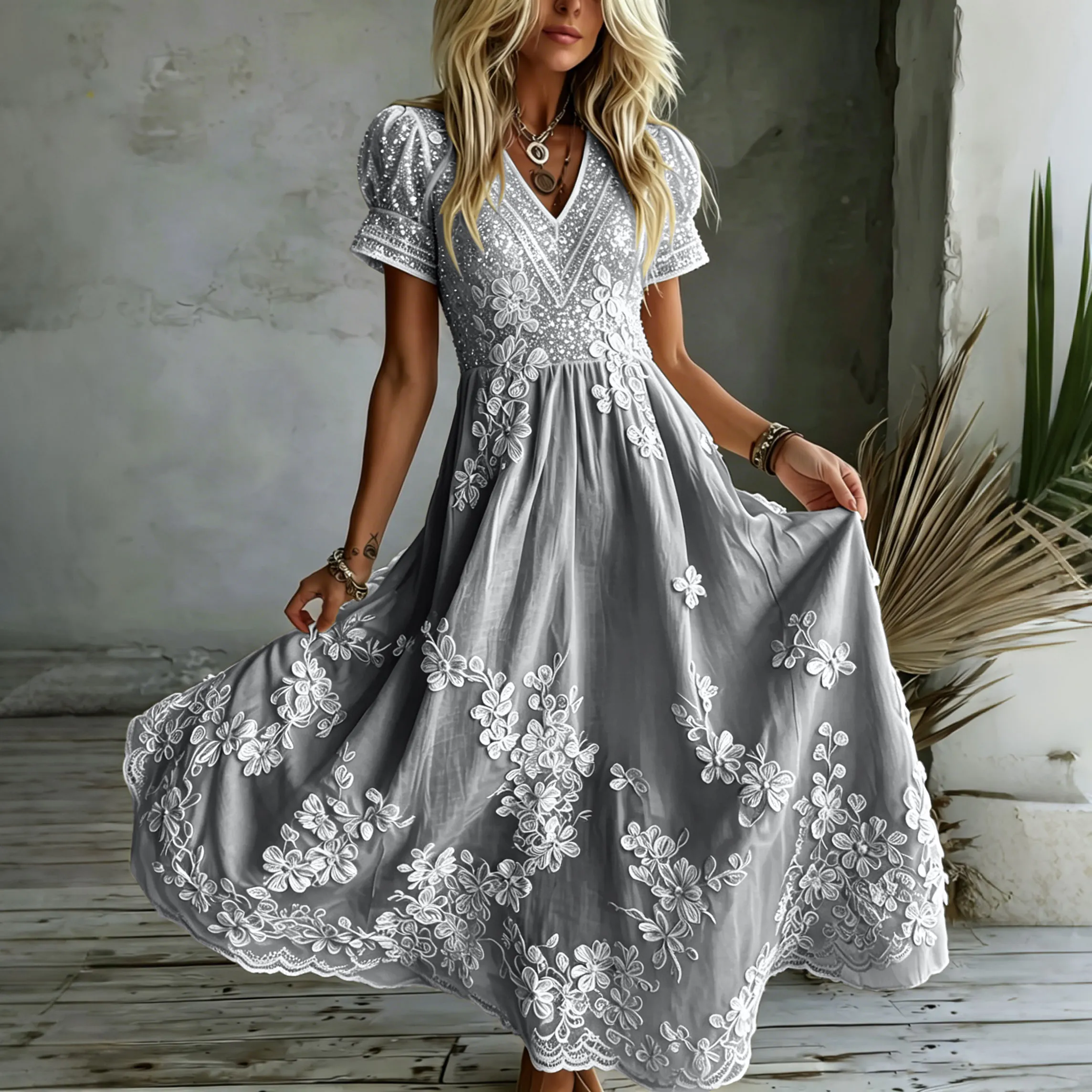 Women's White Rose Art Embroidered Linen Blend V Neck Maxi Dress