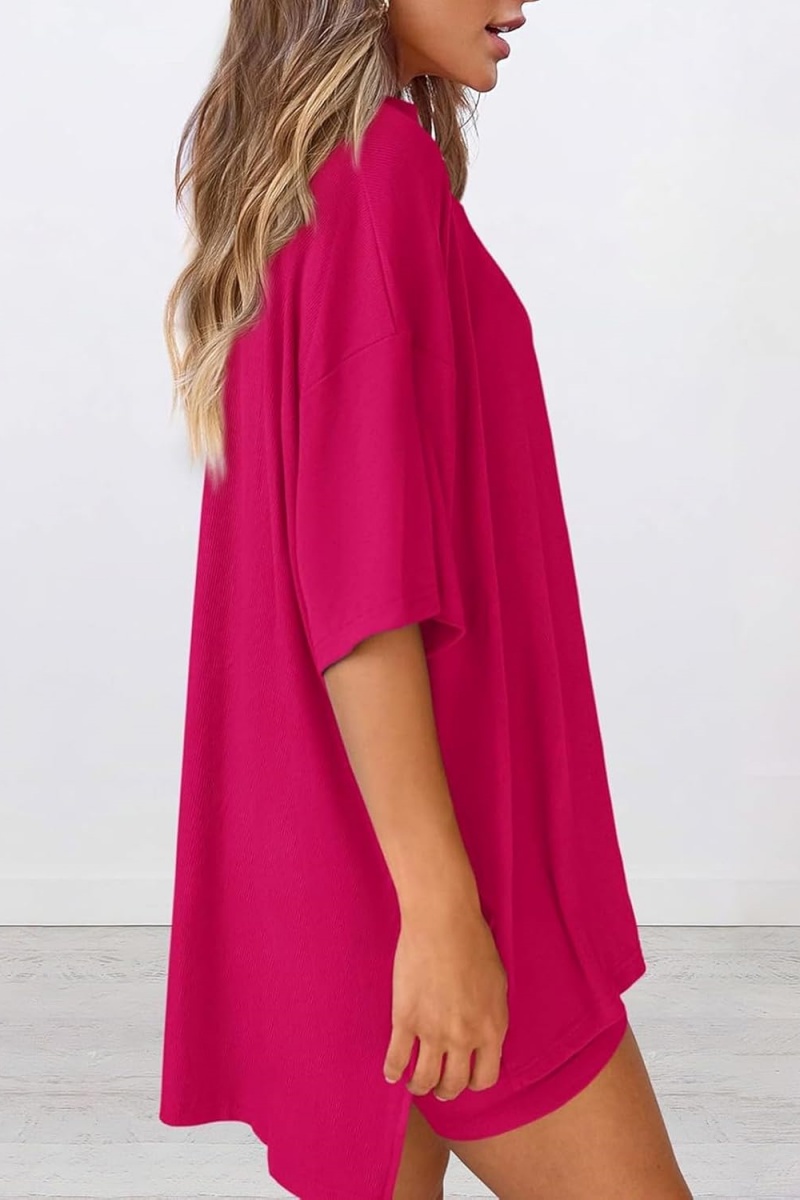 Women 2 Piece Outfits Crew Neck Oversized Tshirts and Biker Shorts with Pocket Matching Lounge Sets