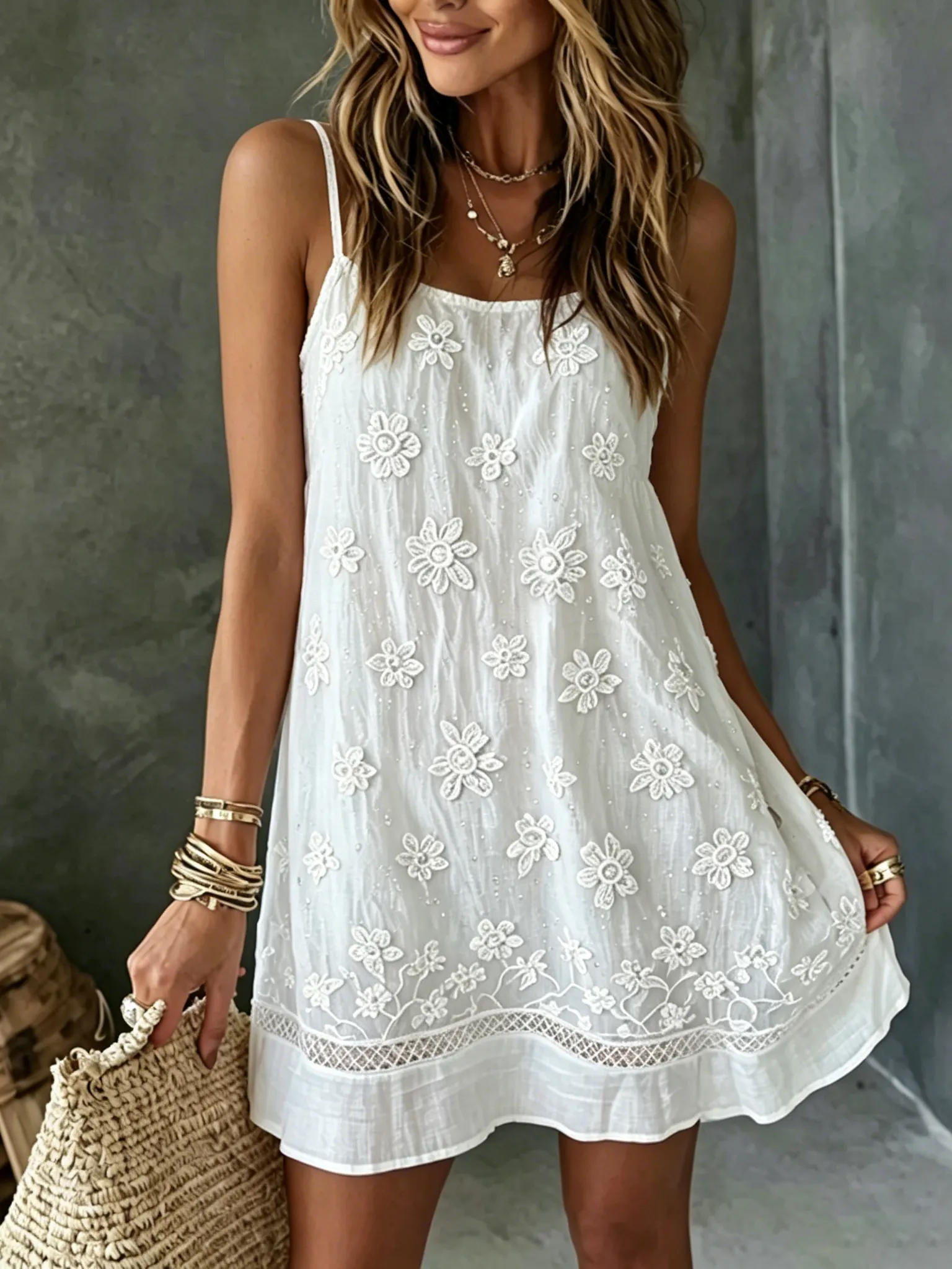 Women's White Rose Art Embroidered Linen Blend Camisole Mini Dress