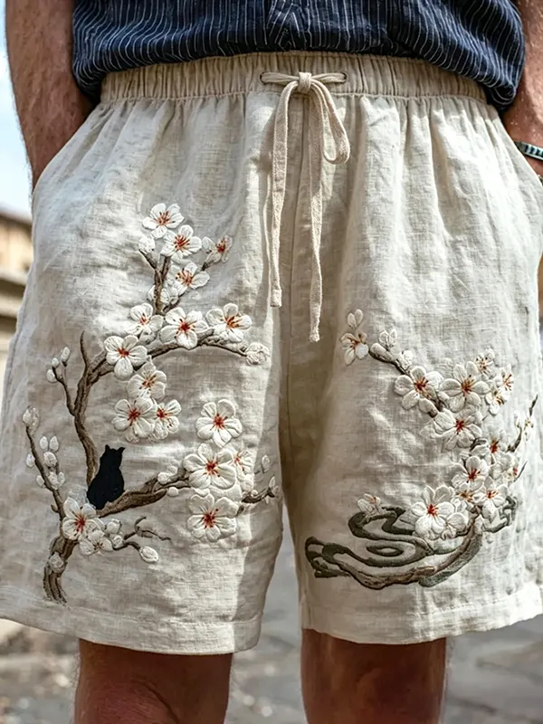 Men's Black Cat And Cherry Blossom Tree Art Print Casual Shorts