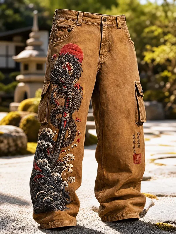 Men's Japanese Black Dragon Katana Red Sun Wave Print Casual Cargo Pants