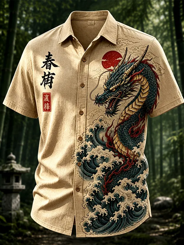 Men's Dragons and Waves Japanese Art Print Casual Shirt