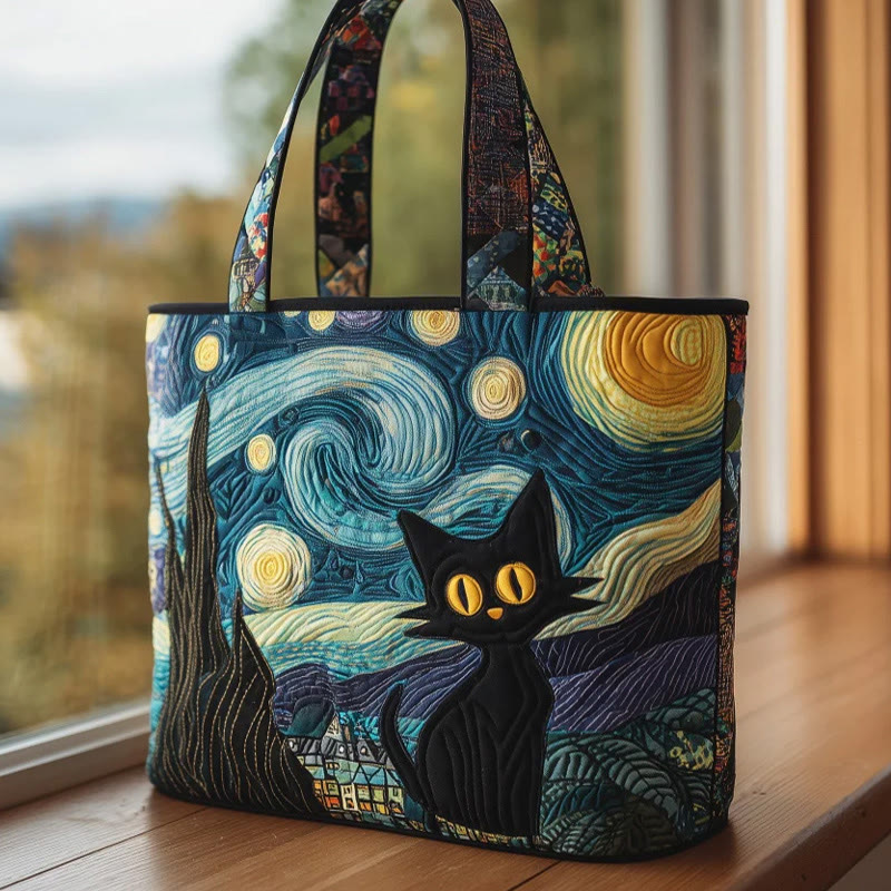 Starry Sky Art And Black Cat Pattern Print Quilted Tote Bag