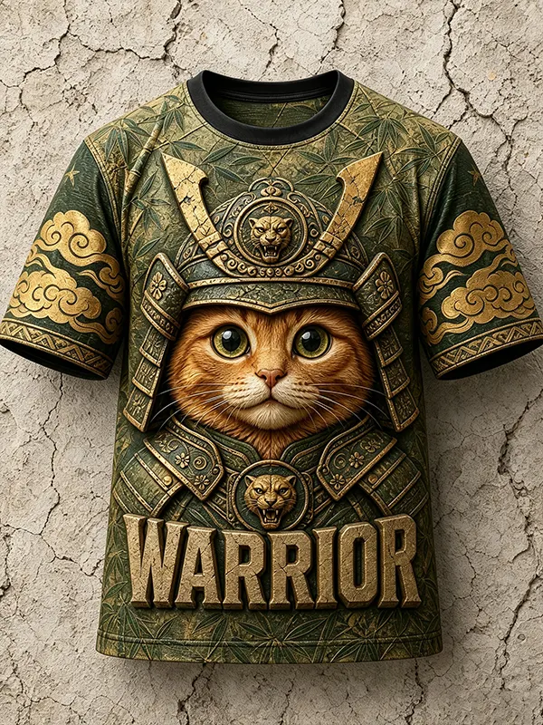 Men's Funny Samurai Cat Warrior Print Casual T-Shirt