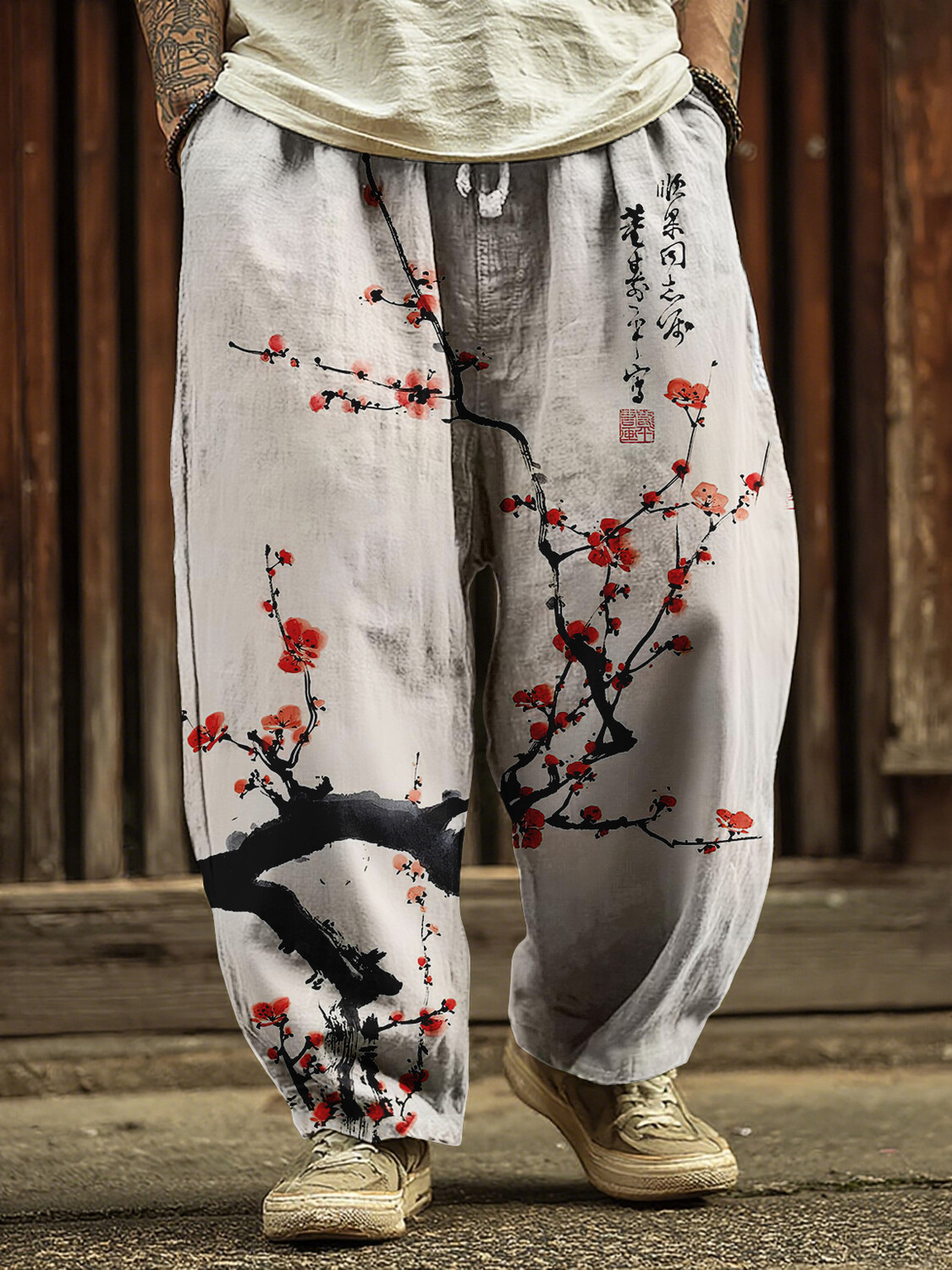Men's Vintage Ink Art Floral Print Casual Pants