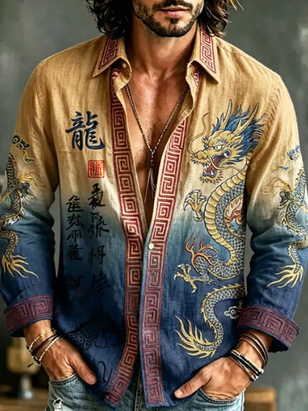 Men's Gradient Traditional Oriental Art Dragon Print Long Sleeve Shirt