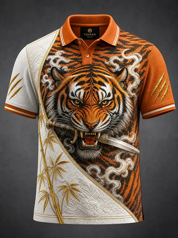 Men's Japanese Tiger Head Dagger Art Print Short Sleeve Polo Shirt