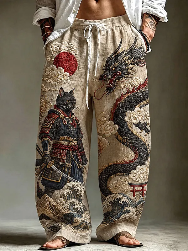 Men's Black Cat Warrior Dragon Japanese Art Print Loose Drawstring Waist Pants