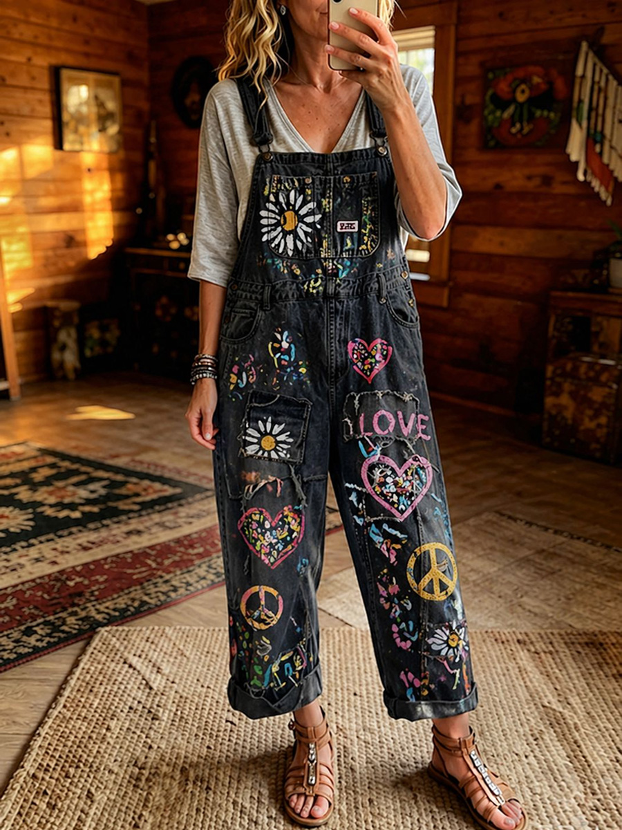 Women's Retro Style Print Washed Cotton Denim Patchwork Jumpsuit