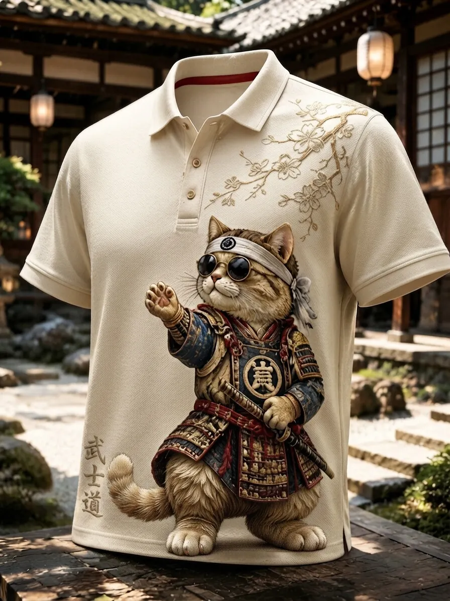 Men's Japanese Samurai Cat Cherry Blossom Print Polo Shirt