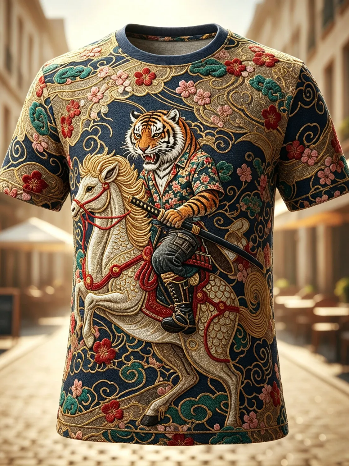 Men's Japanese Tiger Samurai Riding Horse Sakura Floral Art Print T-Shirt