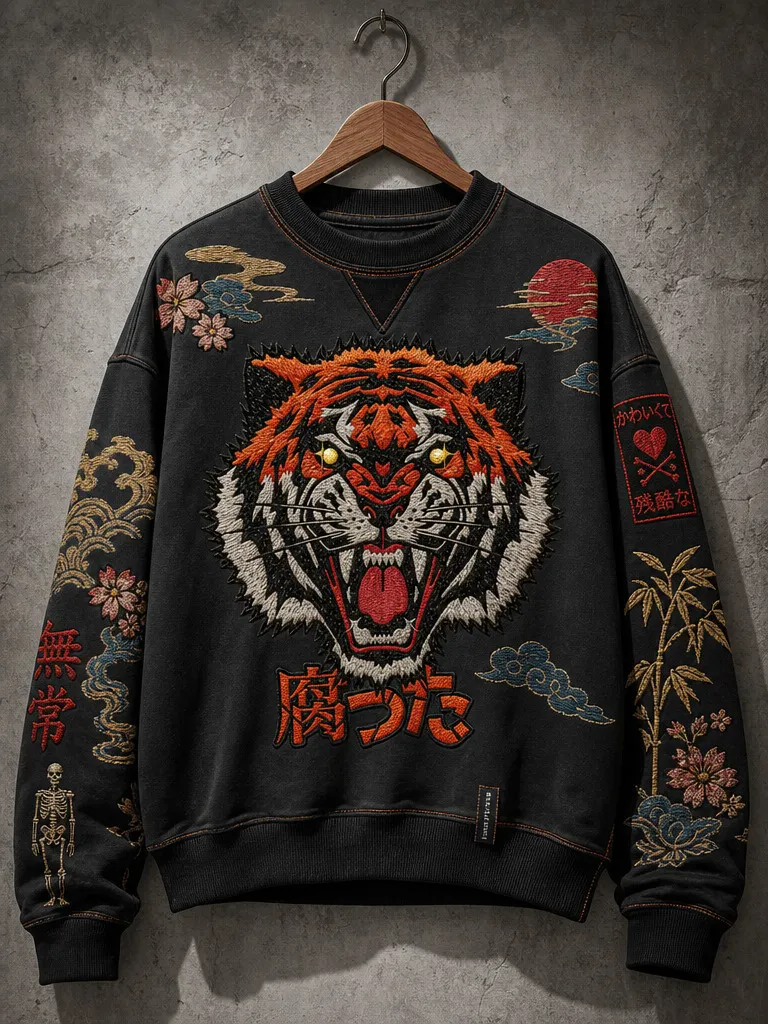 Men's Roaring Tiger Head Japanese Wave Cherry Blossom Print Casual Sweatshirt