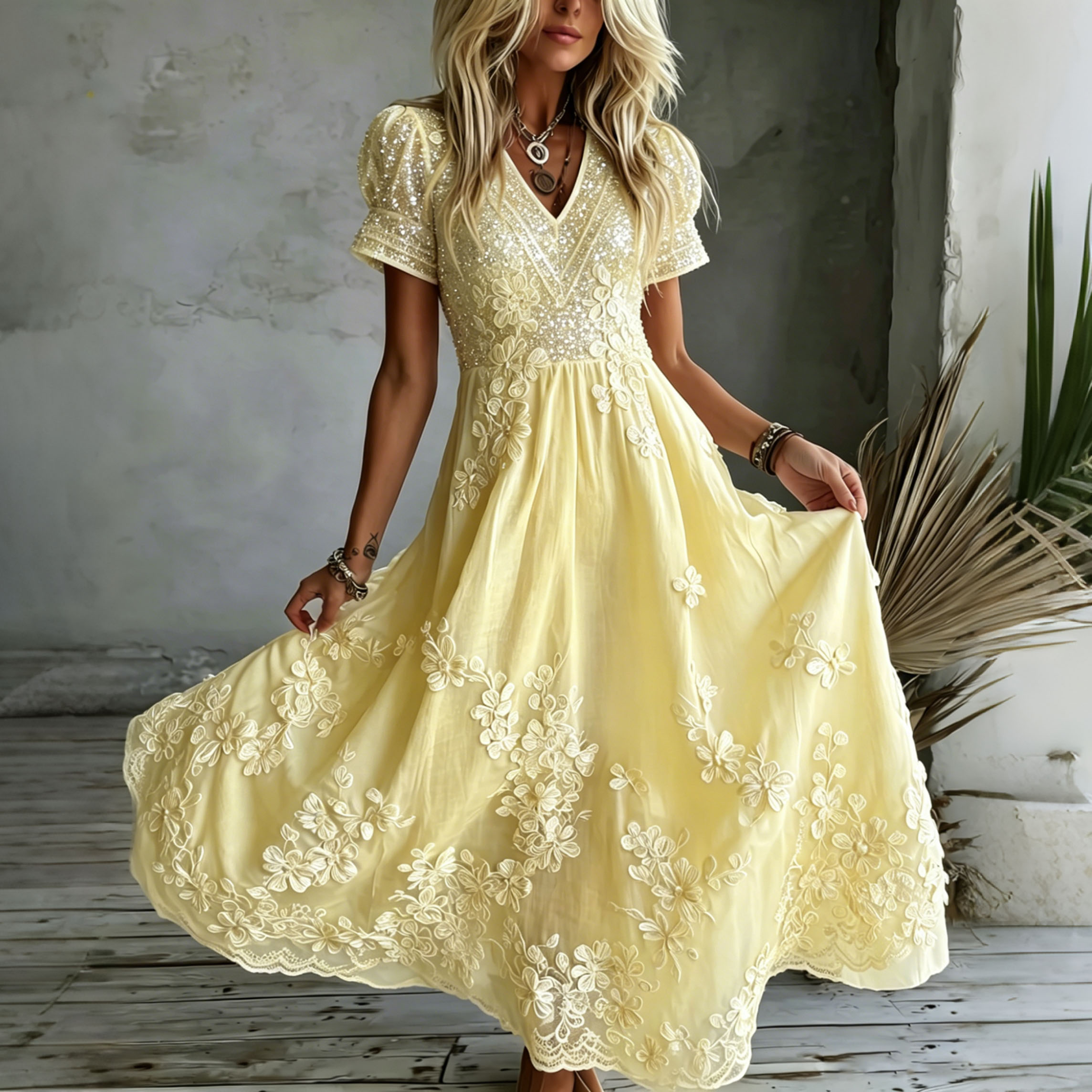 Women's White Rose Art Embroidered Linen Blend V Neck Maxi Dress