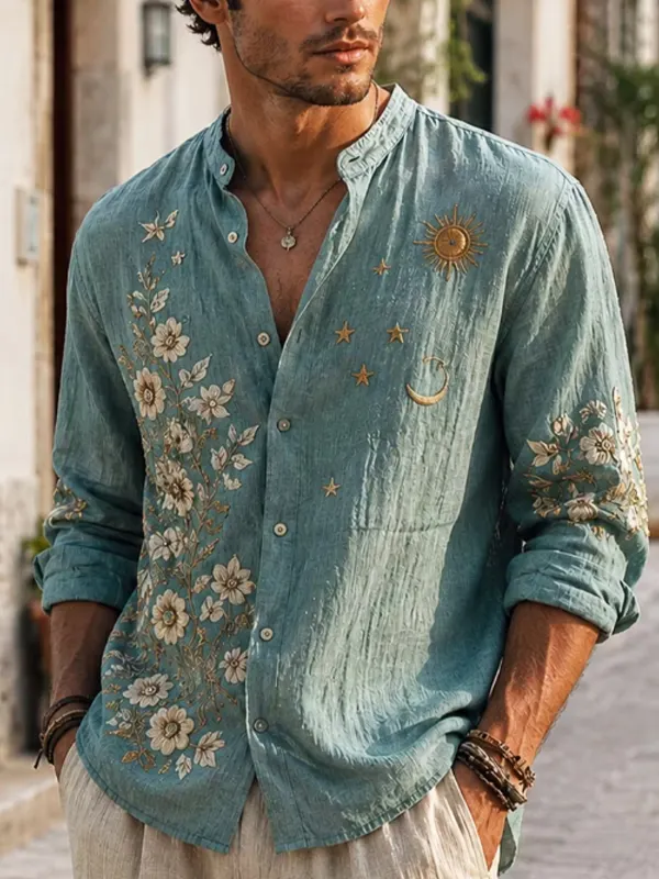 Men's Boho Floral Sun Moon Star Vintage Art Print Long Sleeve Shirt